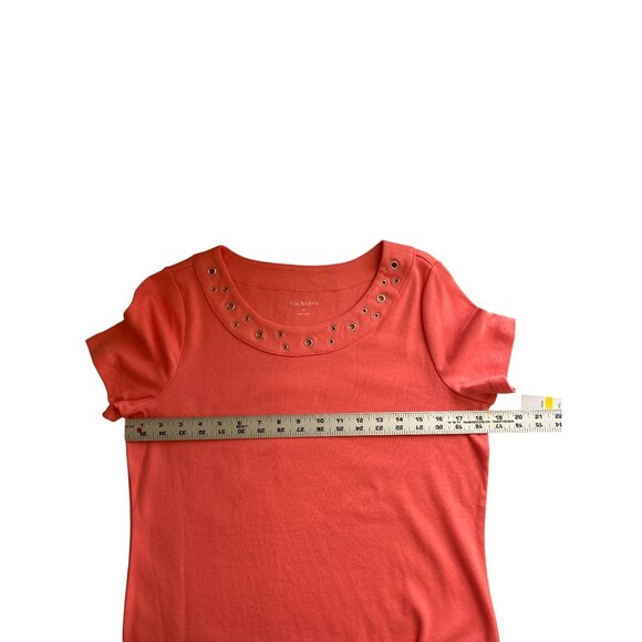 Kim Rogers Salmon Short Sleeve Top With Silver Circular Neckline Design, Med. - Picture 6 of 7